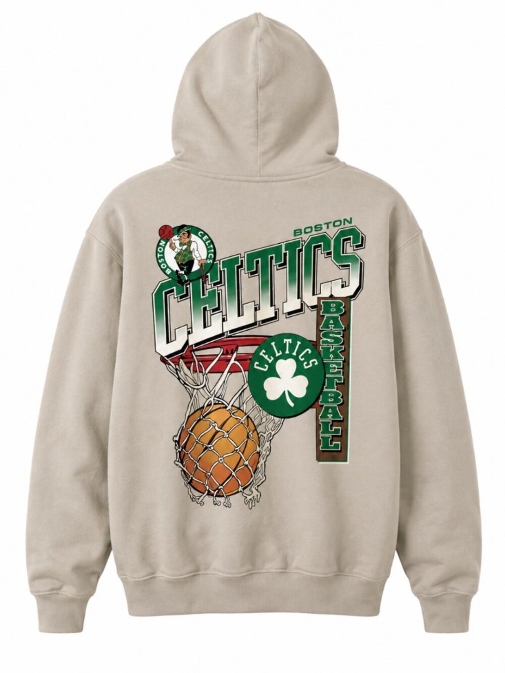 Boston Celtics Beige Big Back Graphic NBA Pullover Hoodie Men's L